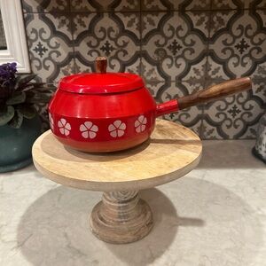 VINTAGE MID-CENTURY FONDUE POT- Enamel coated with flower design in Red